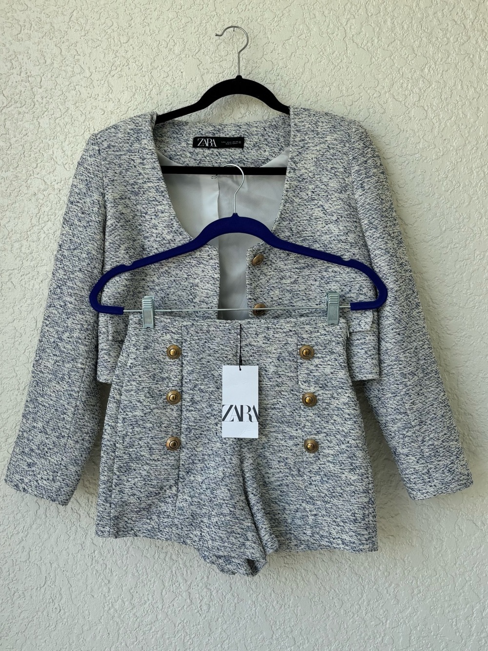 MATCHING SET ZARA blue Tweed Cropped Jacket & Double-Breasted Shorts Set